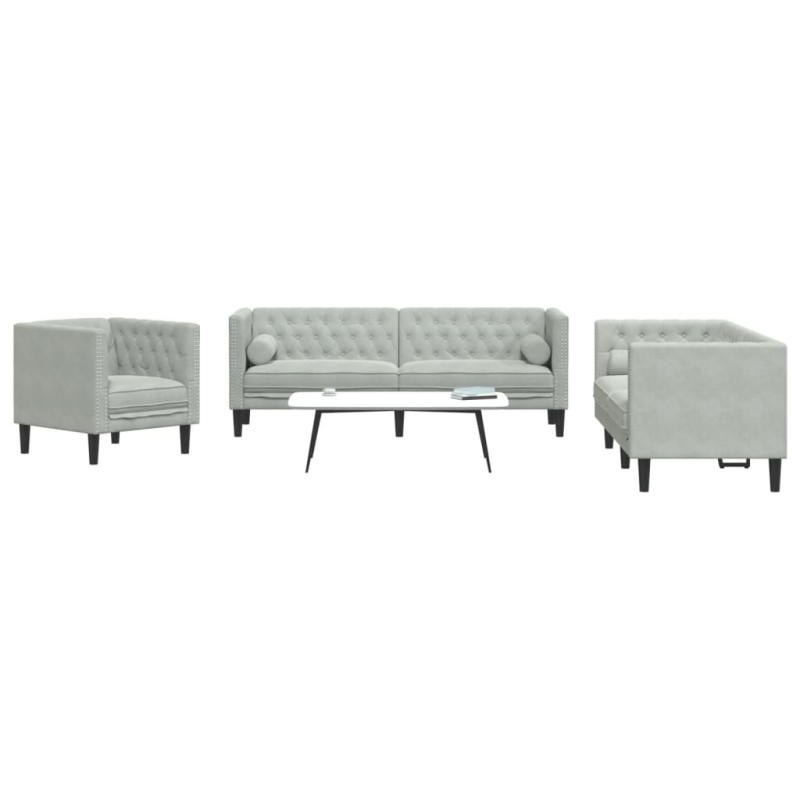 vidaXL Καναπές Chesterfield Σετ 3 Τεμ. με Στηρίγματα Αν. Γκρι Βελούδο