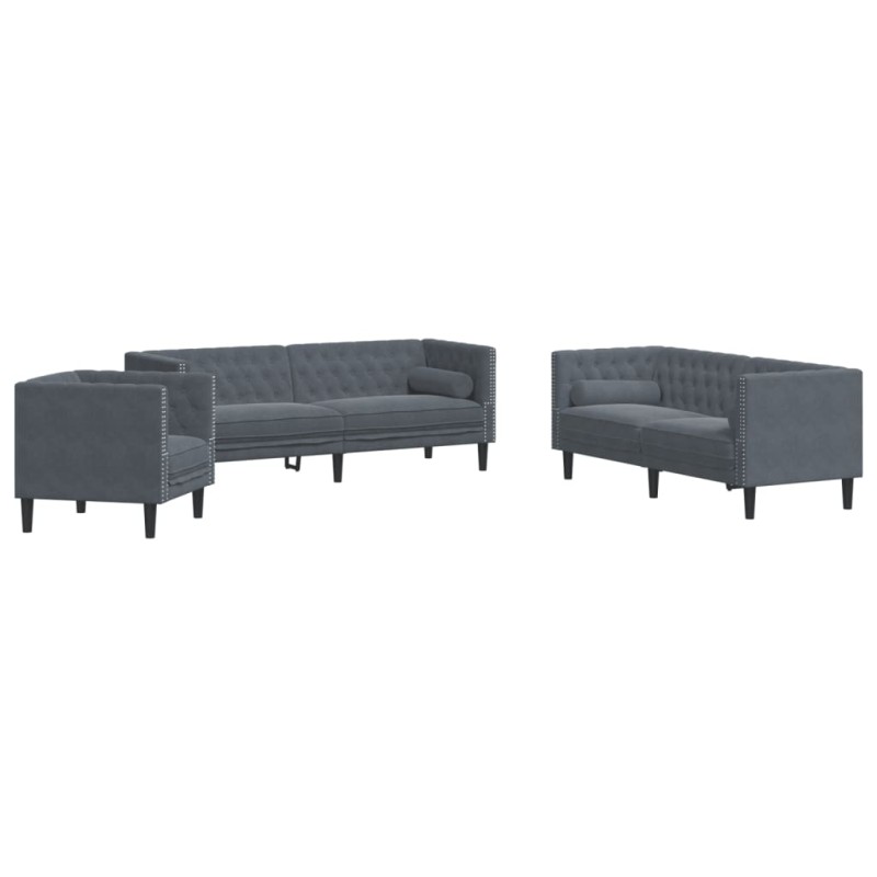 vidaXL Καναπές Chesterfield Σετ 3 Τεμ. με Στηρίγματα Σκ. Γκρι Βελούδο