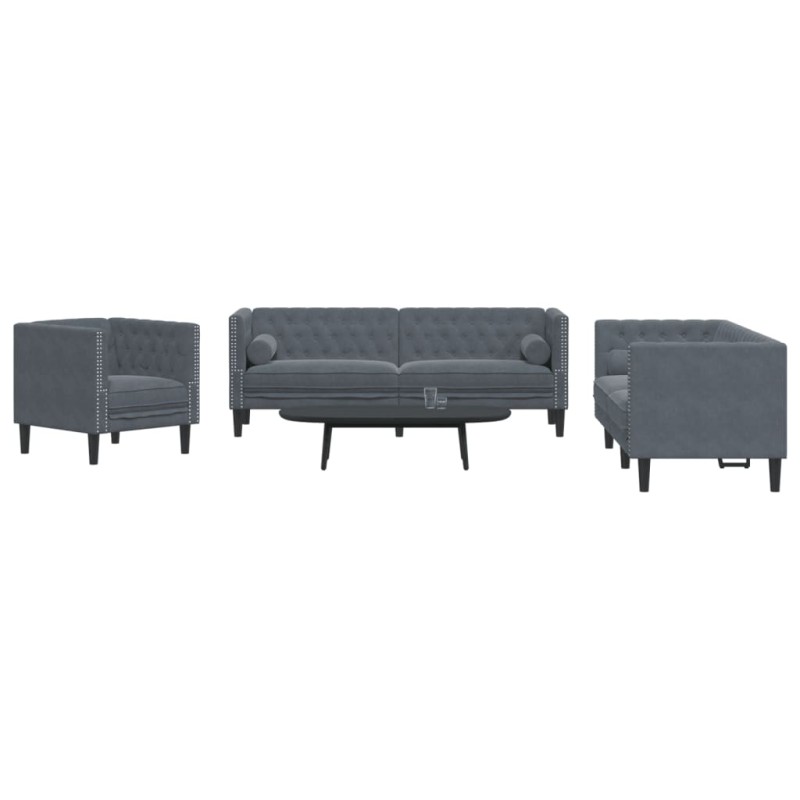 vidaXL Καναπές Chesterfield Σετ 3 Τεμ. με Στηρίγματα Σκ. Γκρι Βελούδο