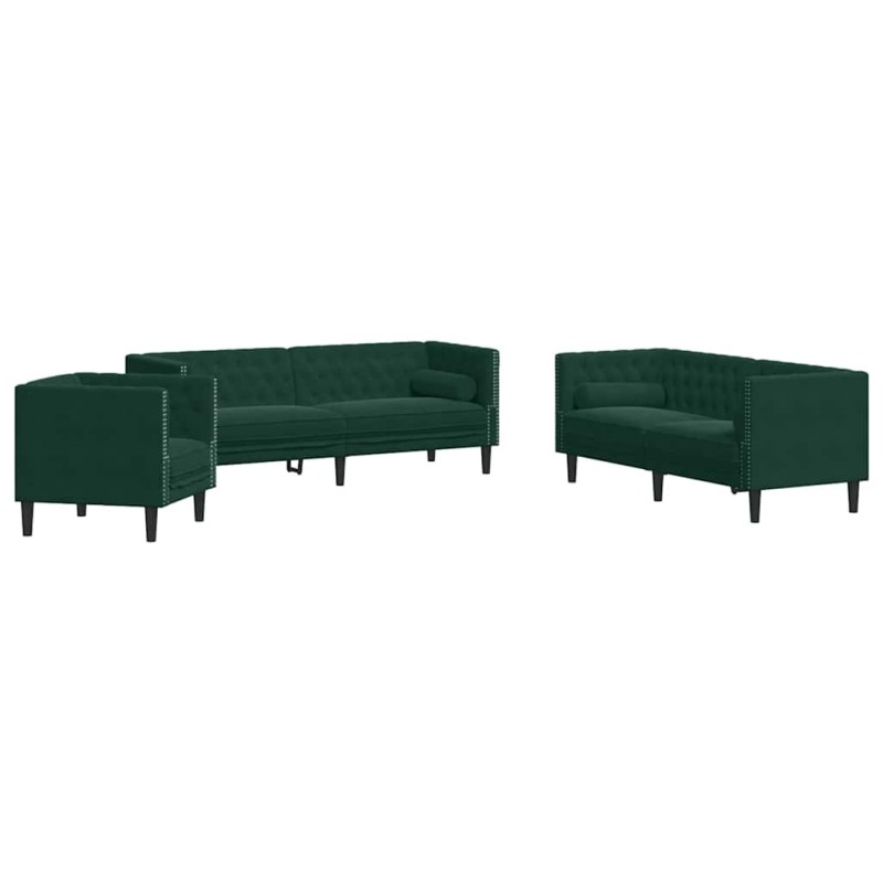 vidaXL Καναπές Chesterfield 3τεμαχίων μαξιλάρια σκούρο πράσινο βελούδο