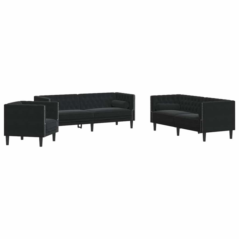 vidaXL Καναπές Chesterfield Σετ 3 Τεμ. με Στηρίγματα Μαύρο Βελούδο