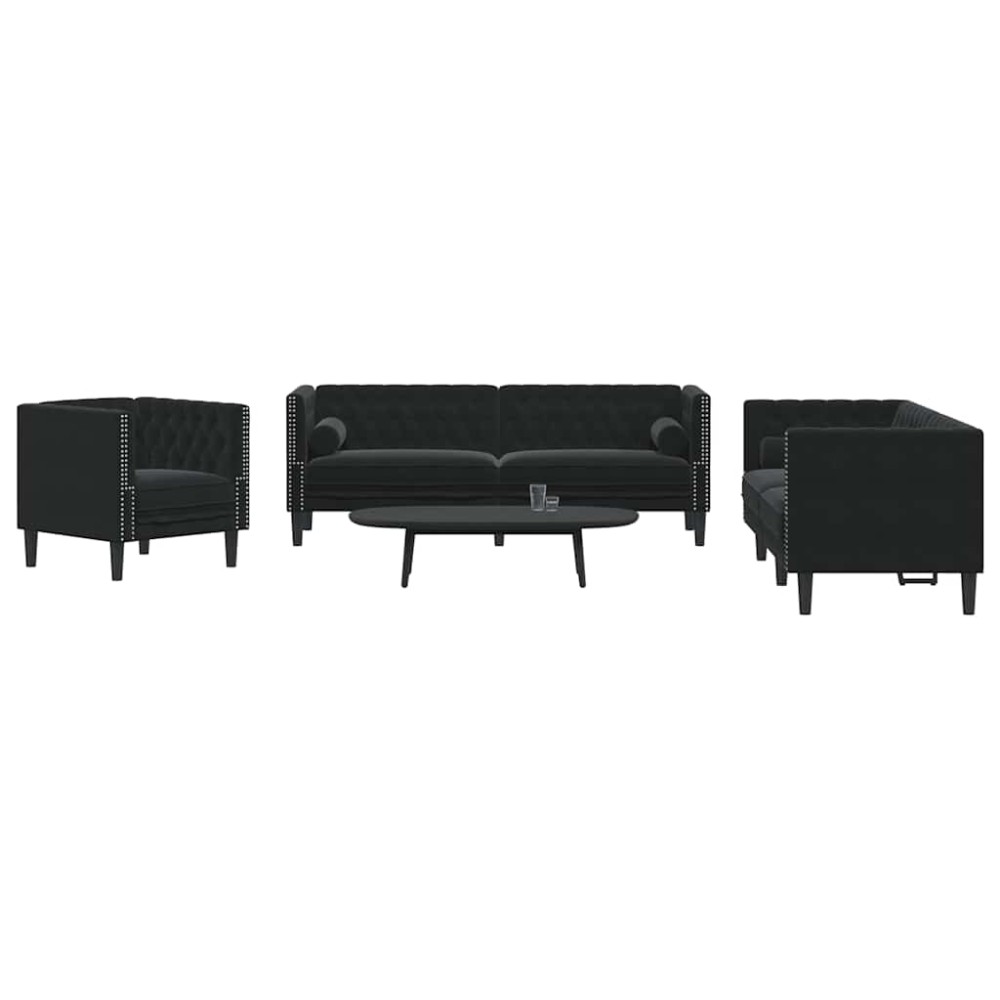 vidaXL Καναπές Chesterfield Σετ 3 Τεμ. με Στηρίγματα Μαύρο Βελούδο