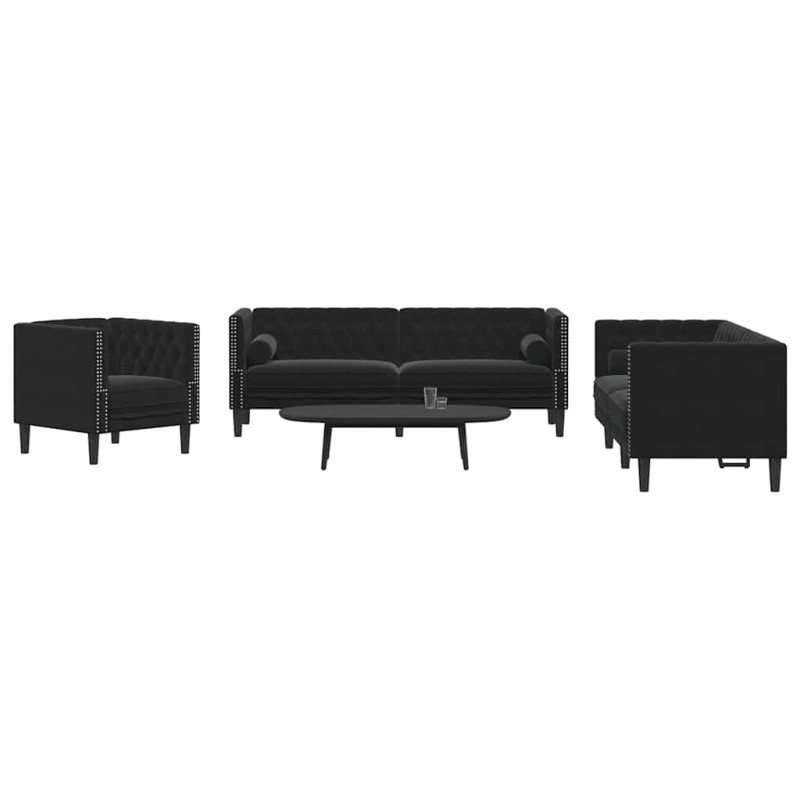 vidaXL Καναπές Chesterfield Σετ 3 Τεμ. με Στηρίγματα Μαύρο Βελούδο