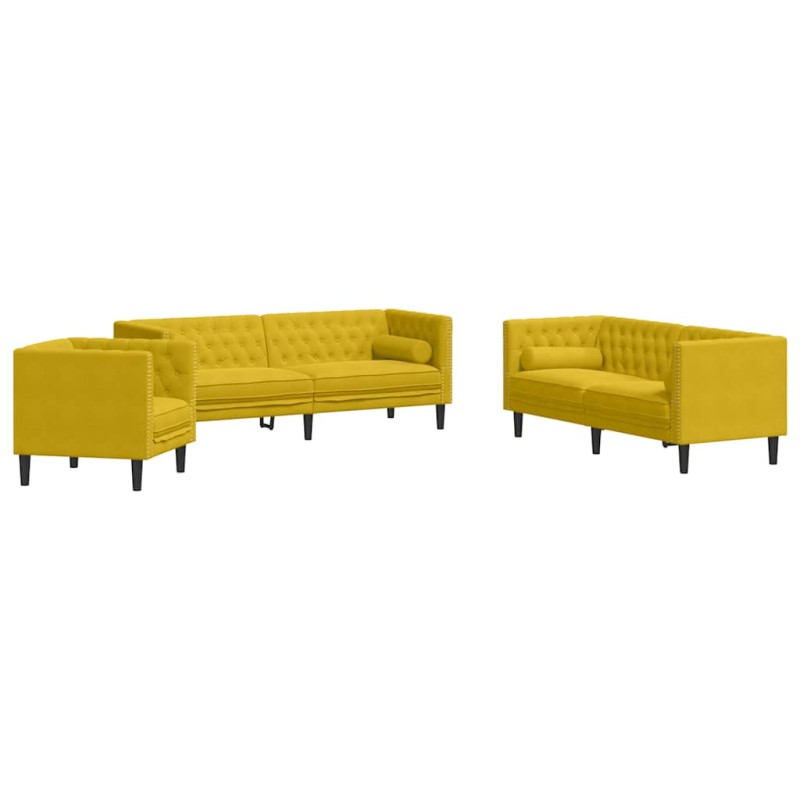 vidaXL Σετ Καναπέδων Chesterfield 3 Τεμαχίων με Στηρίγματα Κίτρινο Βελούδο