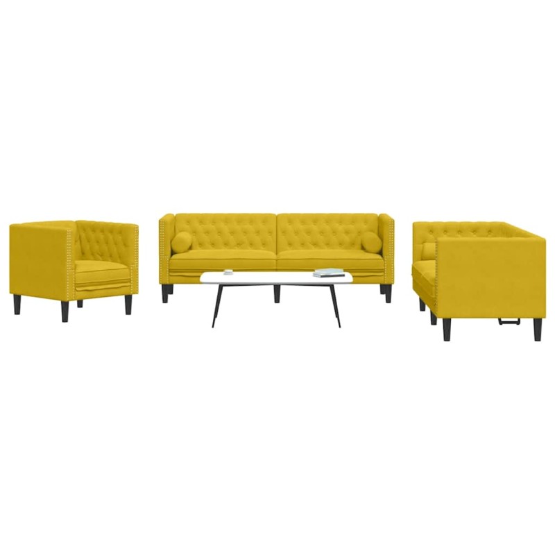 vidaXL Σετ Καναπέδων Chesterfield 3 Τεμαχίων με Στηρίγματα Κίτρινο Βελούδο