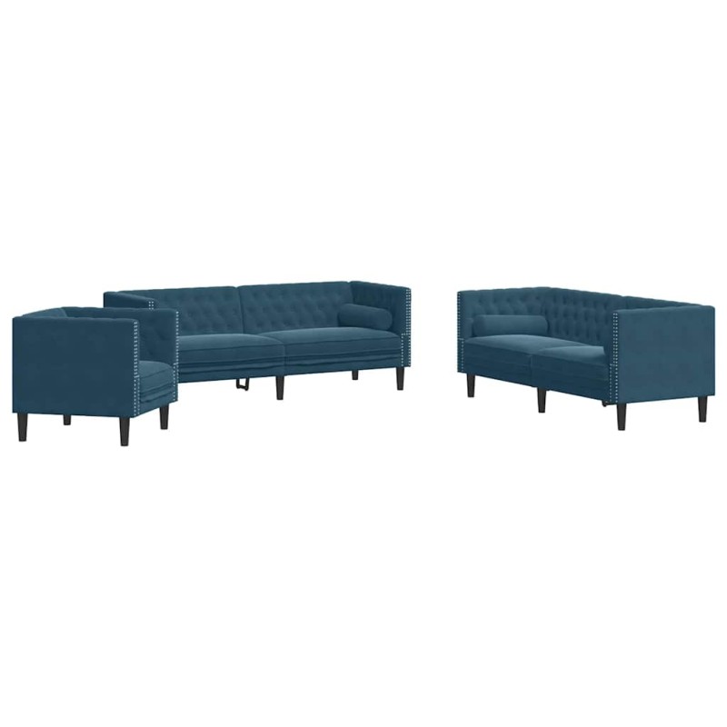 vidaXL Σετ Καναπέδων Chesterfield 3 Τεμαχίων με Στηρίγματα από Μπλε Βελούδο