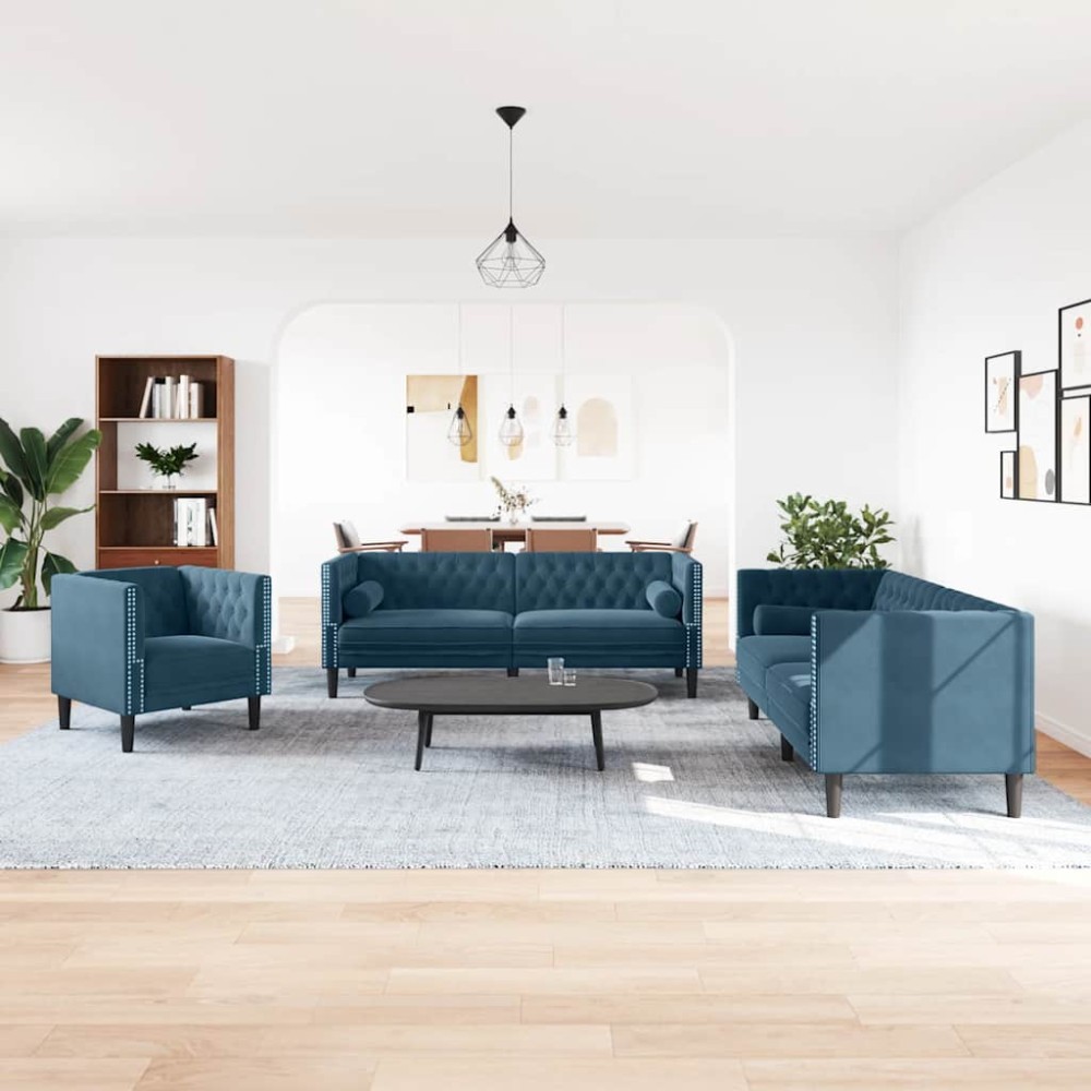 vidaXL Σετ Καναπέδων Chesterfield 3 Τεμαχίων με Στηρίγματα από Μπλε Βελούδο