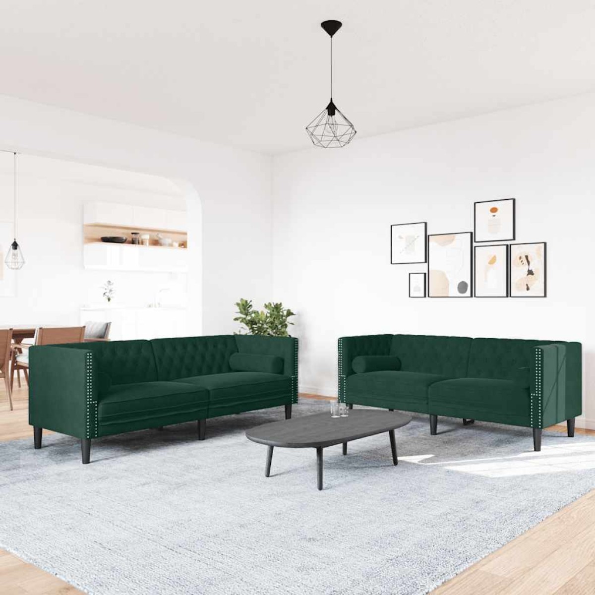 vidaXL Καναπές Chesterfield Σετ 2 Τεμ. με Στηρίγματα Πράσινο Βελούδο