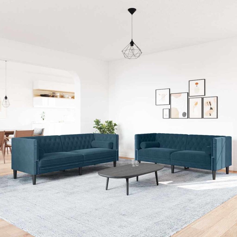 vidaXL Σετ Καναπέδων Chesterfield 2 Τεμαχίων με Στηρίγματα Μπλε Βελούδο