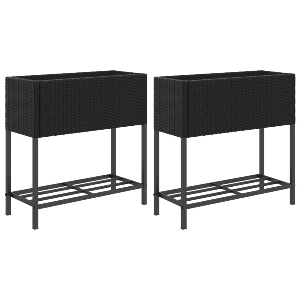 vidaXL Γλάστρες Κήπου με Ράφια 2 τεμ. Μαύρες 70x28x70 εκ Συνθ. Ρατάν