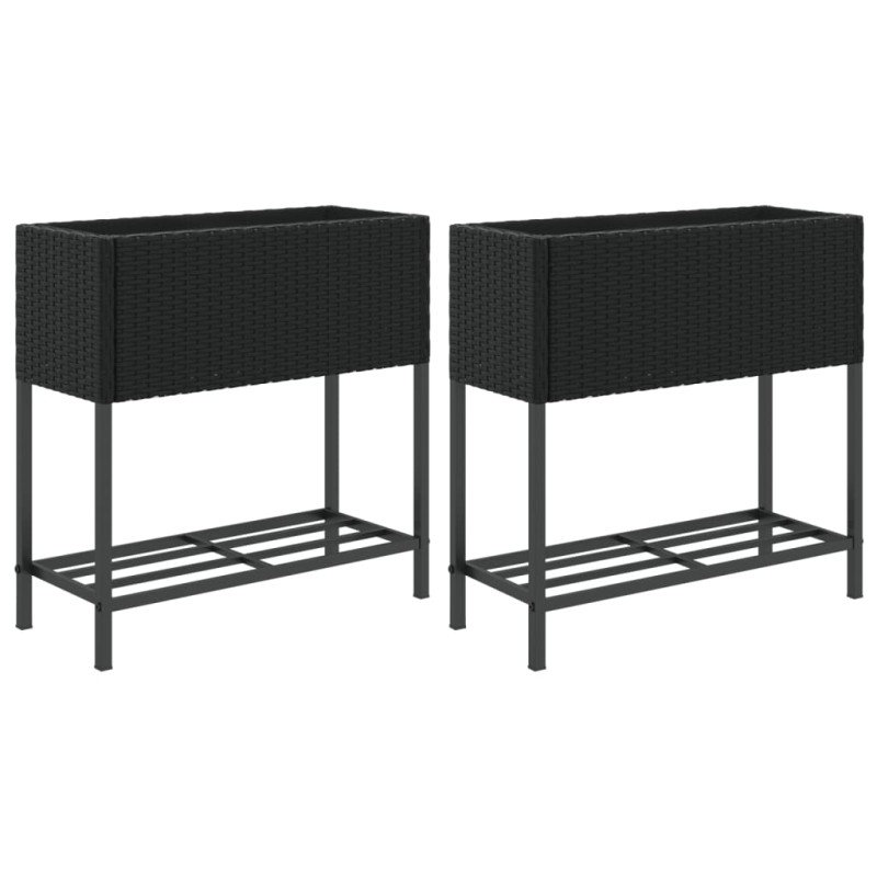 vidaXL Γλάστρες Κήπου με Ράφια 2 τεμ. Μαύρες 70x28x70 εκ Συνθ. Ρατάν
