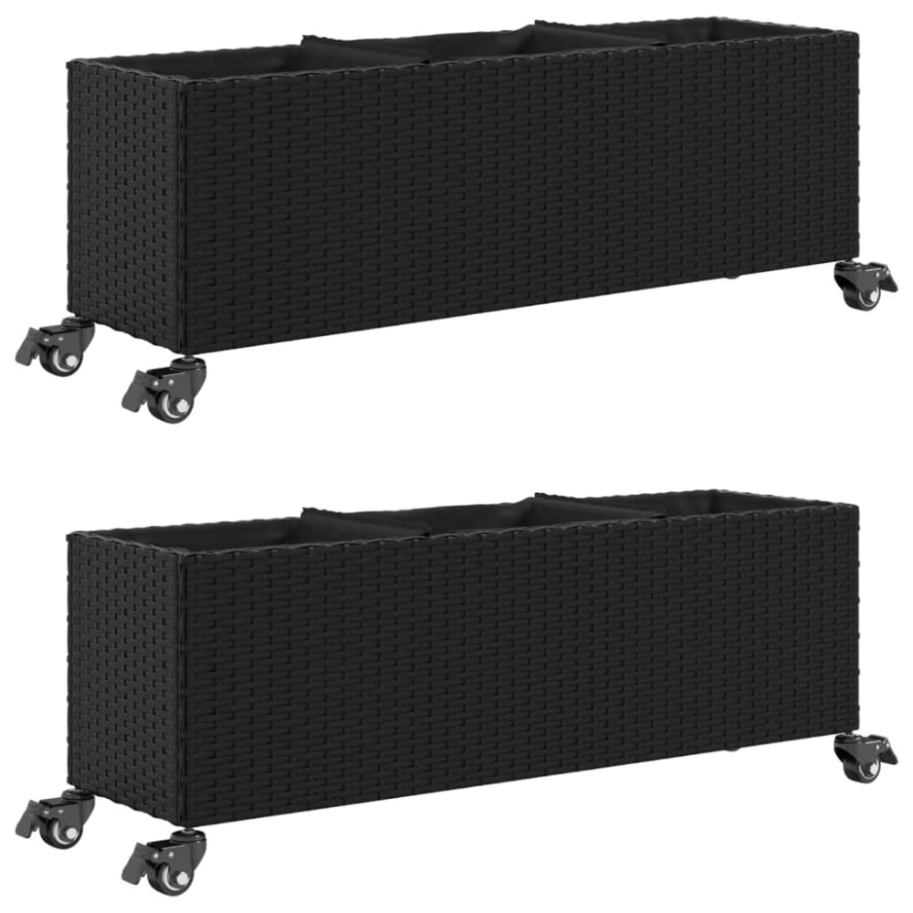 vidaXL Ζαρντινιέρα Κήπου με Ρόδες 3 τεμ Μαύρη 107x32x38 εκ. Συνθ Ρατάν