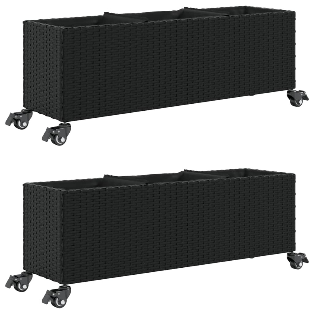 vidaXL Ζαρντινιέρα Κήπου με Ρόδες 3 τεμ Μαύρη 107x32x38 εκ. Συνθ Ρατάν