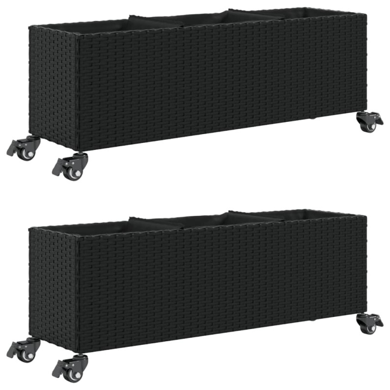 vidaXL Ζαρντινιέρα Κήπου με Ρόδες 3 τεμ Μαύρη 107x32x38 εκ. Συνθ Ρατάν