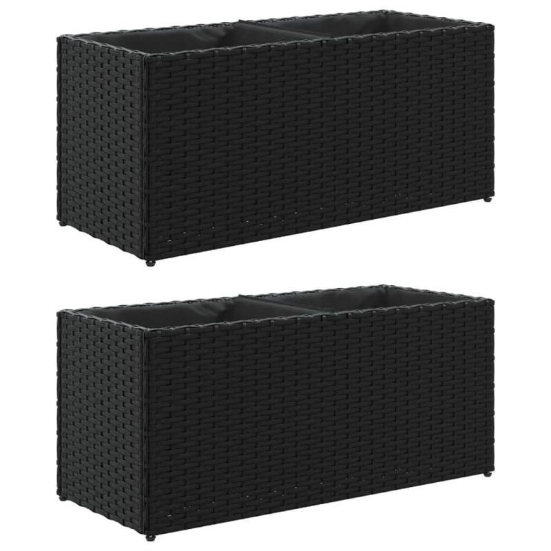 vidaXL Ζαρντινιέρα Κήπου Μαύρη 72x30x32 εκ. Συνθ. Ρατάν με 2 Γλάστρες