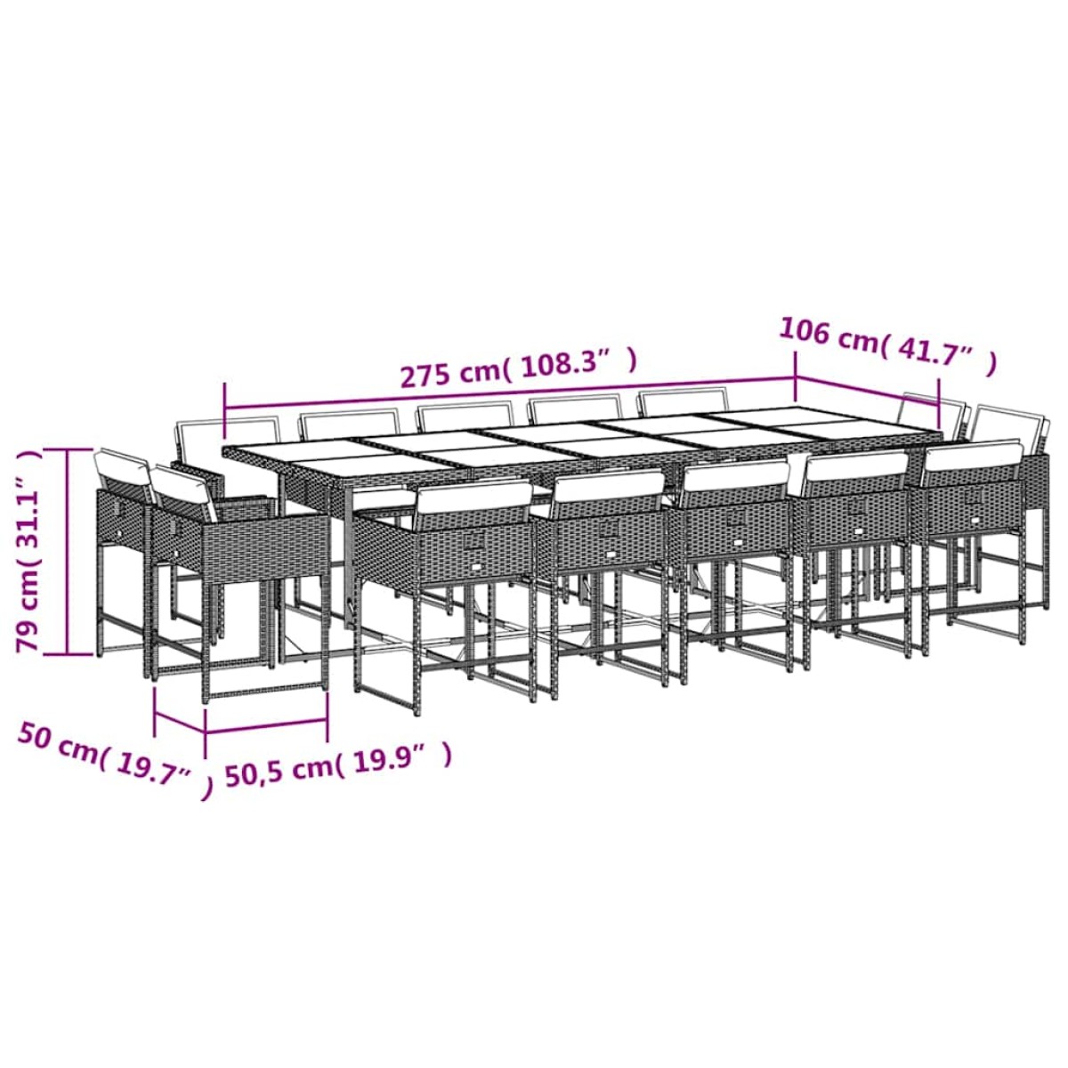 vidaXL Σετ Τραπεζαρίας Κήπου 15 τεμ. Γκρι Συνθετικό Ρατάν με Μαξιλάρια