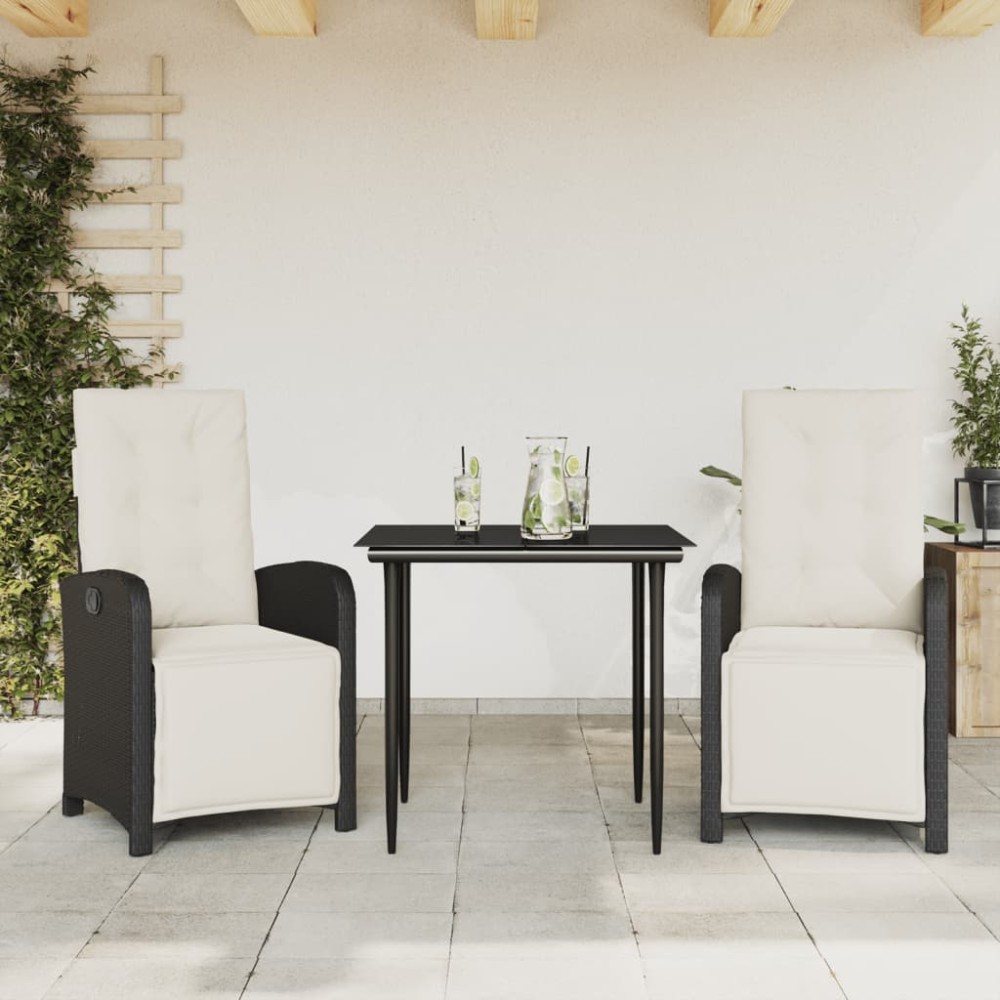vidaXL Σετ Επίπλων Bistro 3 τεμ. Μαύρο Συνθετ. Ρατάν με Μαξιλάρια
