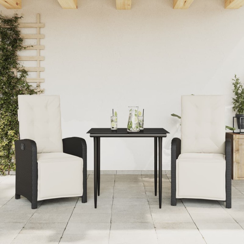vidaXL Σετ Επίπλων Bistro 3 τεμ. Μαύρο Συνθετ. Ρατάν με Μαξιλάρια