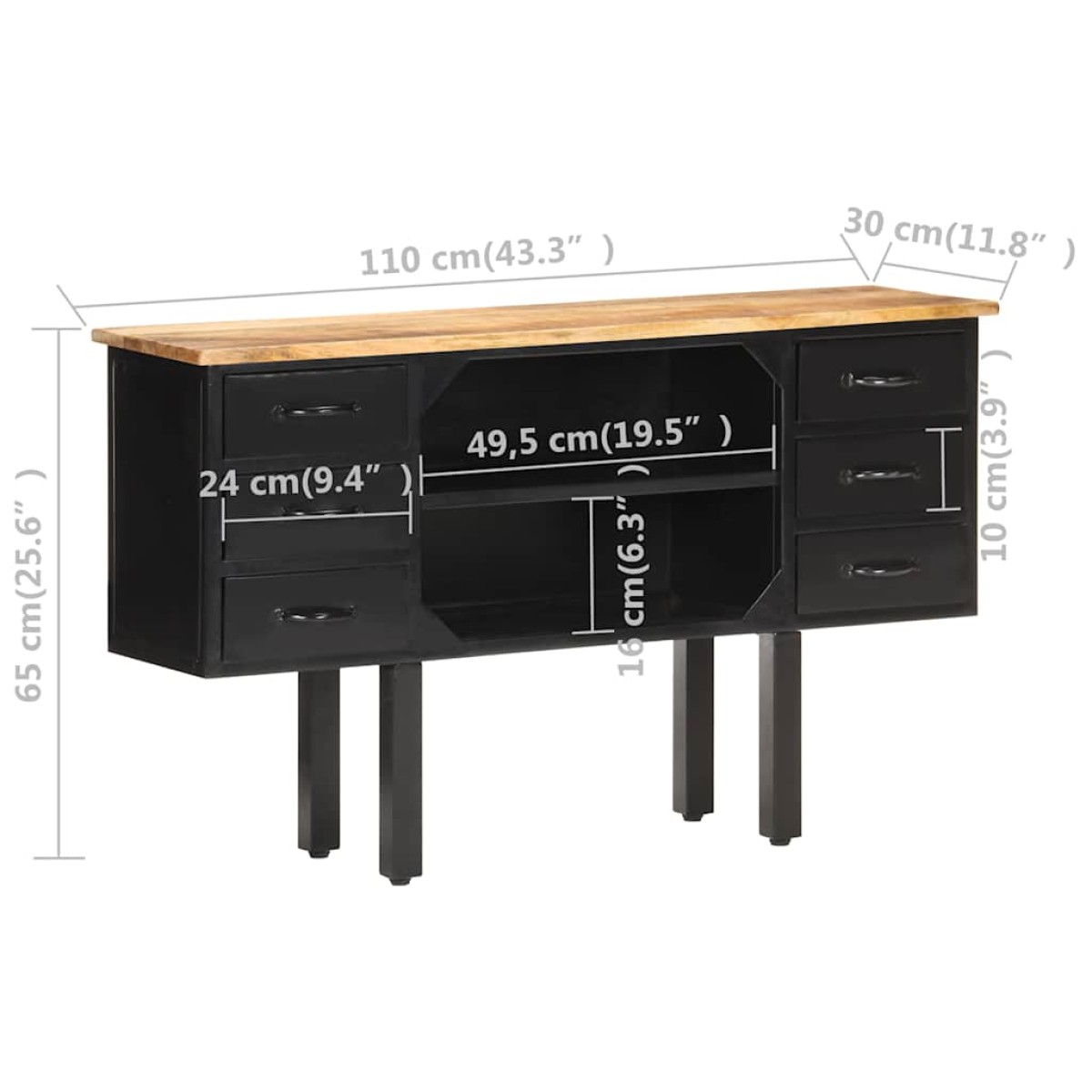 vidaXL Μπουφές 110x30x65 εκ. Μασίφ Ακατέργαστο Ξύλο Μάνγκο και Ατσάλι