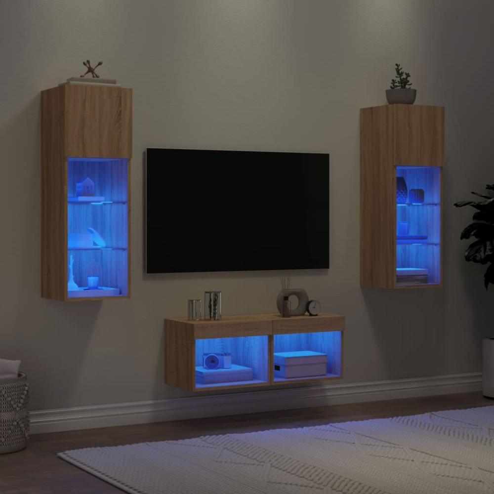 vidaXL Ντουλάπια Τηλεόρασης Τοίχου 4 Τεμ. με Φώτα LED Sonoma Δρυς
