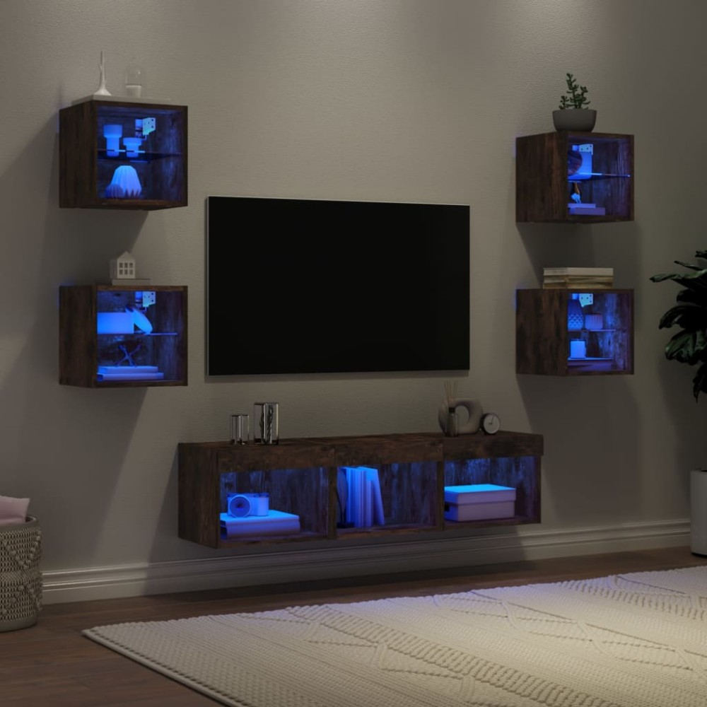 vidaXL Έπιπλα Τοίχου Τηλεόρασης 7 τεμ LED Καπνιστή Δρυς από Επεξ. Ξύλο