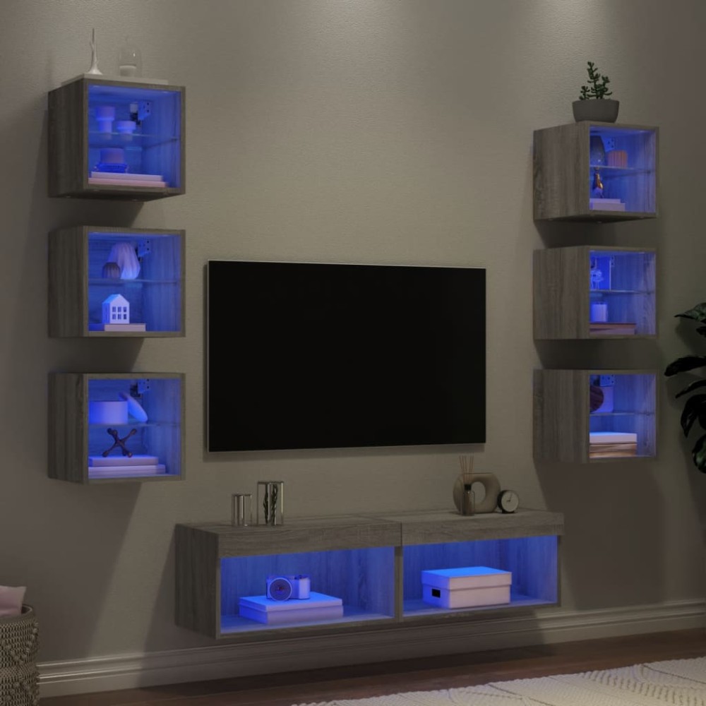 vidaXL Έπιπλα Τοίχου Τηλεόρασης 8 τεμ. LED Γκρι Sonoma από Επεξ. Ξύλο