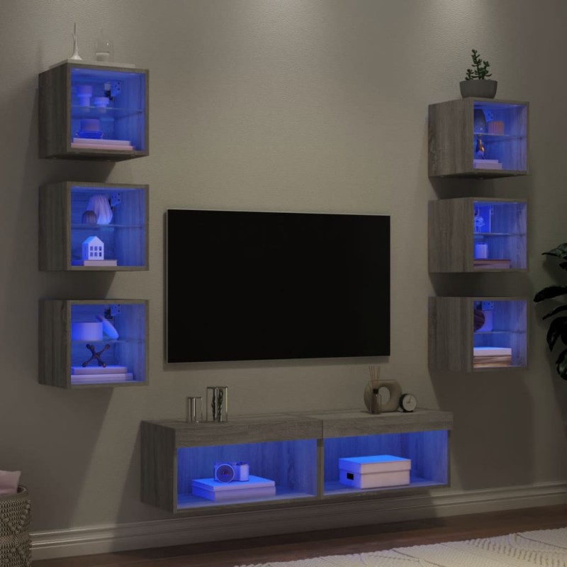 vidaXL Έπιπλα Τοίχου Τηλεόρασης 8 τεμ. LED Γκρι Sonoma από Επεξ. Ξύλο