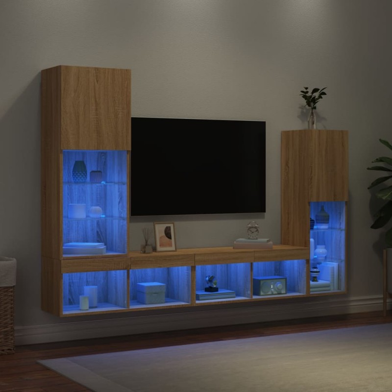 vidaXL Έπιπλα Τοίχου Τηλεόρασης 4 τεμ. LED Sonoma Δρυς από Επεξ. Ξύλο
