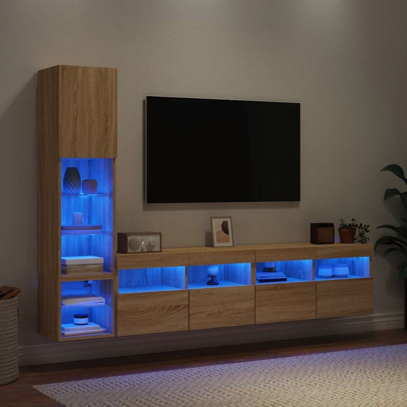 vidaXL Έπιπλα Τοίχου Τηλεόρασης 4 τεμ. LED Sonoma Δρυς από Επεξ. Ξύλο