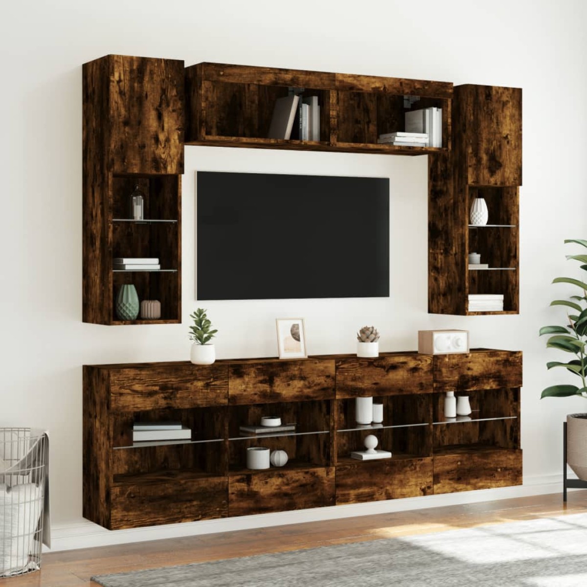 vidaXL Ντουλάπια Τηλεόρασης Τοίχου 6 τεμ. με Φώτα LED Καπνιστή Δρυς