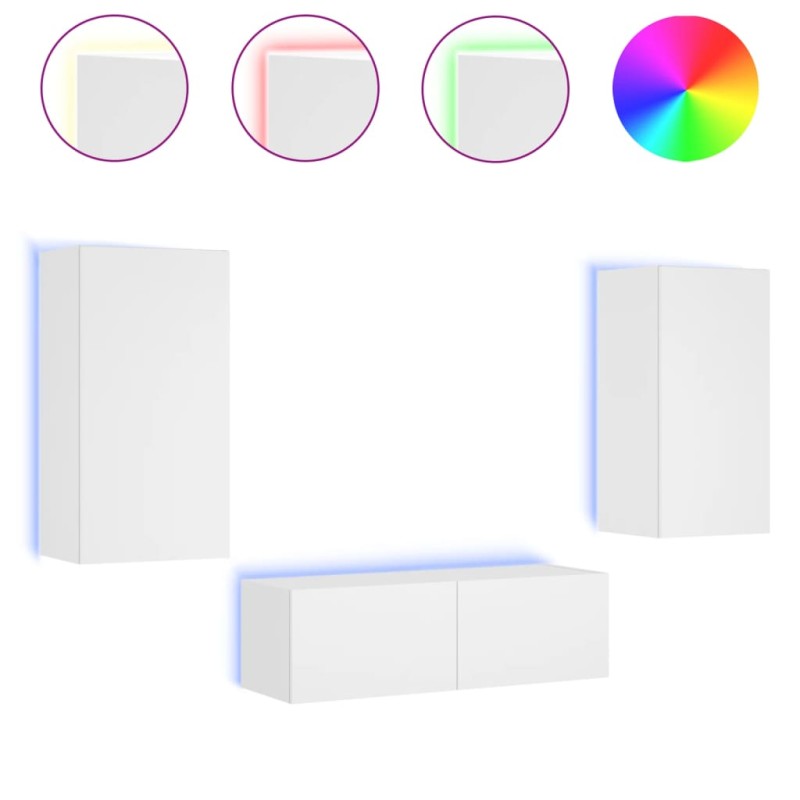 vidaXL Ντουλάπια Τηλεόρασης Τοίχου 3 Τεμ. με Φώτα LED Λευκά
