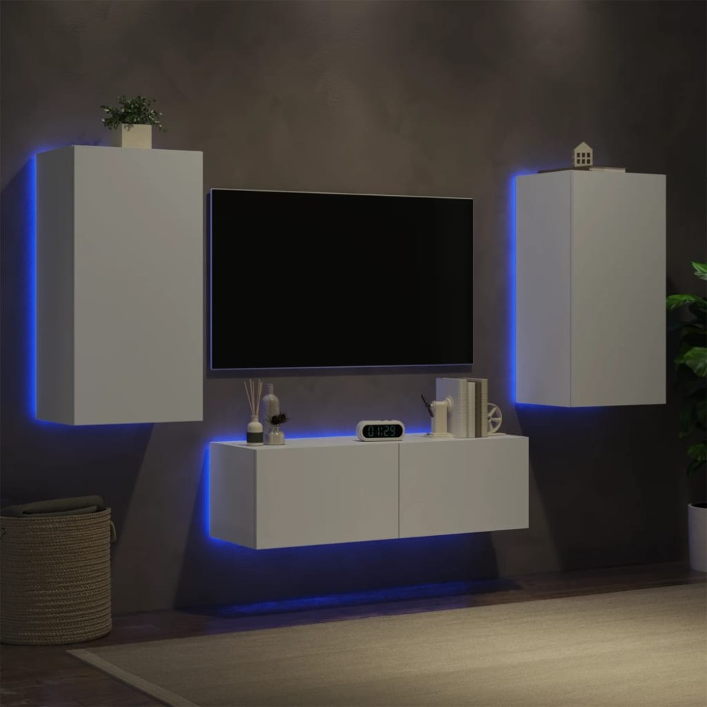 vidaXL Ντουλάπια Τηλεόρασης Τοίχου 3 Τεμ. με Φώτα LED Λευκά