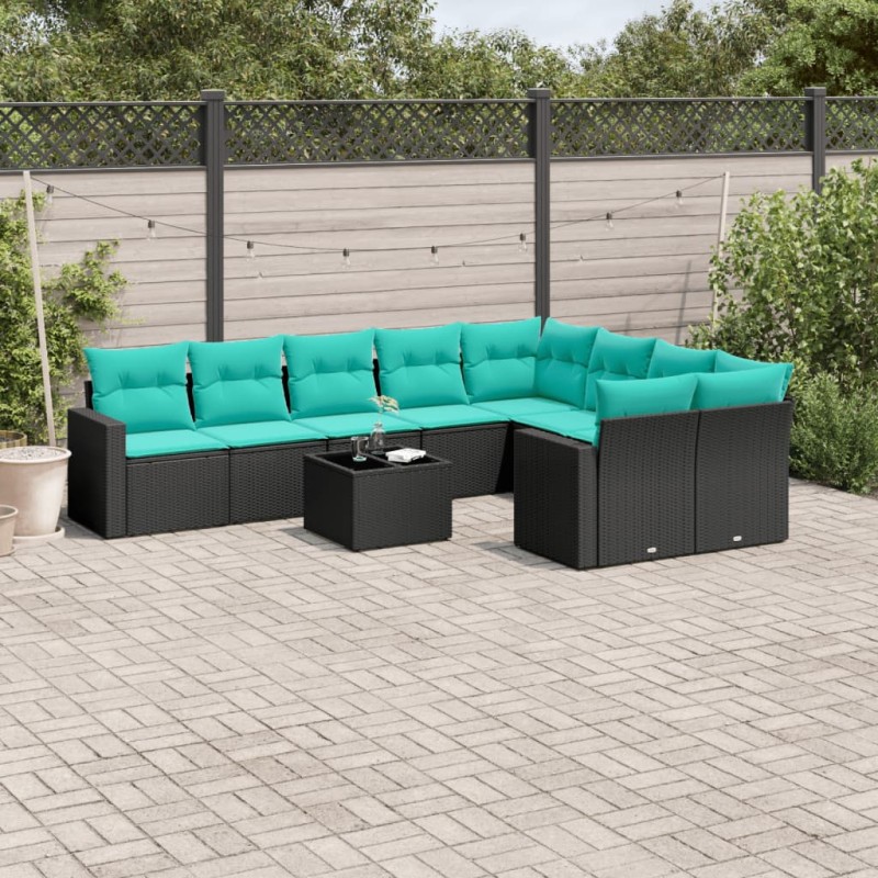 vidaXL Καναπές Σετ 10 Τεμαχίων Μαύρο Συνθετικό Ρατάν με Μαξιλάρια