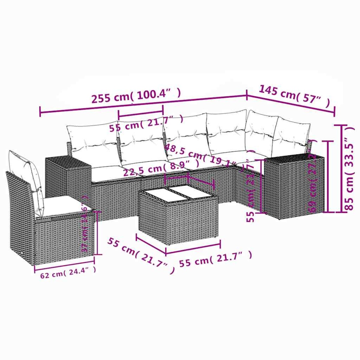 vidaXL Σετ Καναπέδων Κήπου 7 Τεμαχίων με Μαξιλάρια από Μαύρο Συνθετικό Ρατάν