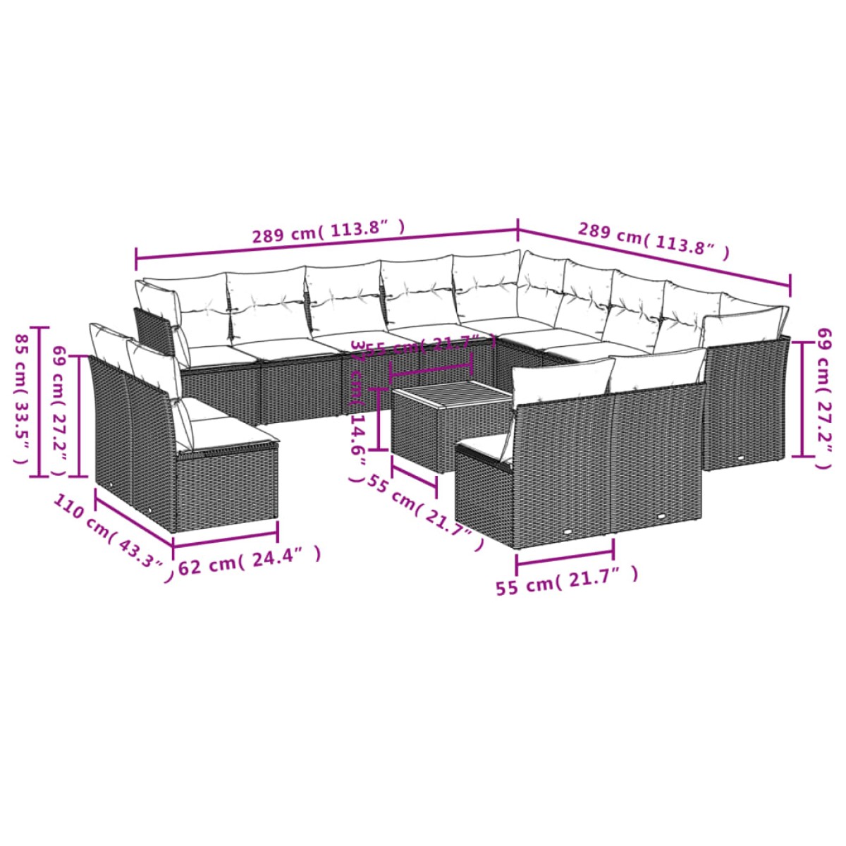 vidaXL Σαλόνι Κήπου Σετ 14 Τεμαχίων με Μαξιλάρια Μπεζ Συνθετικό Ρατάν