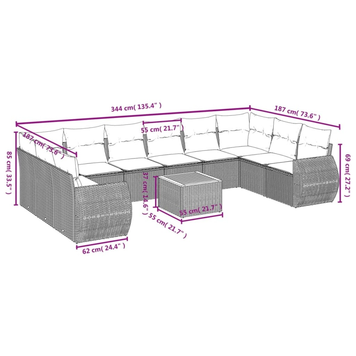 vidaXL Σαλόνι Κήπου 11 Τεμαχίων Γκρι από Συνθετικό Ρατάν με Μαξιλάρια
