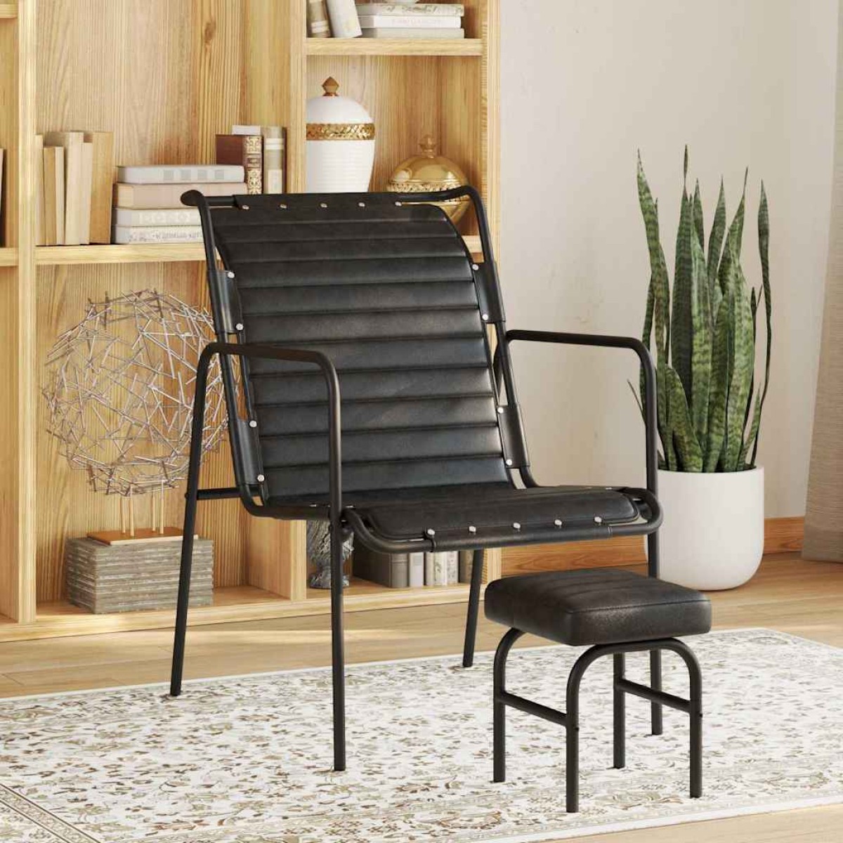vidaXL Πολυθρόνα Relax Μαύρη από Γνήσιο Δέρμα Με Υποπόδιο