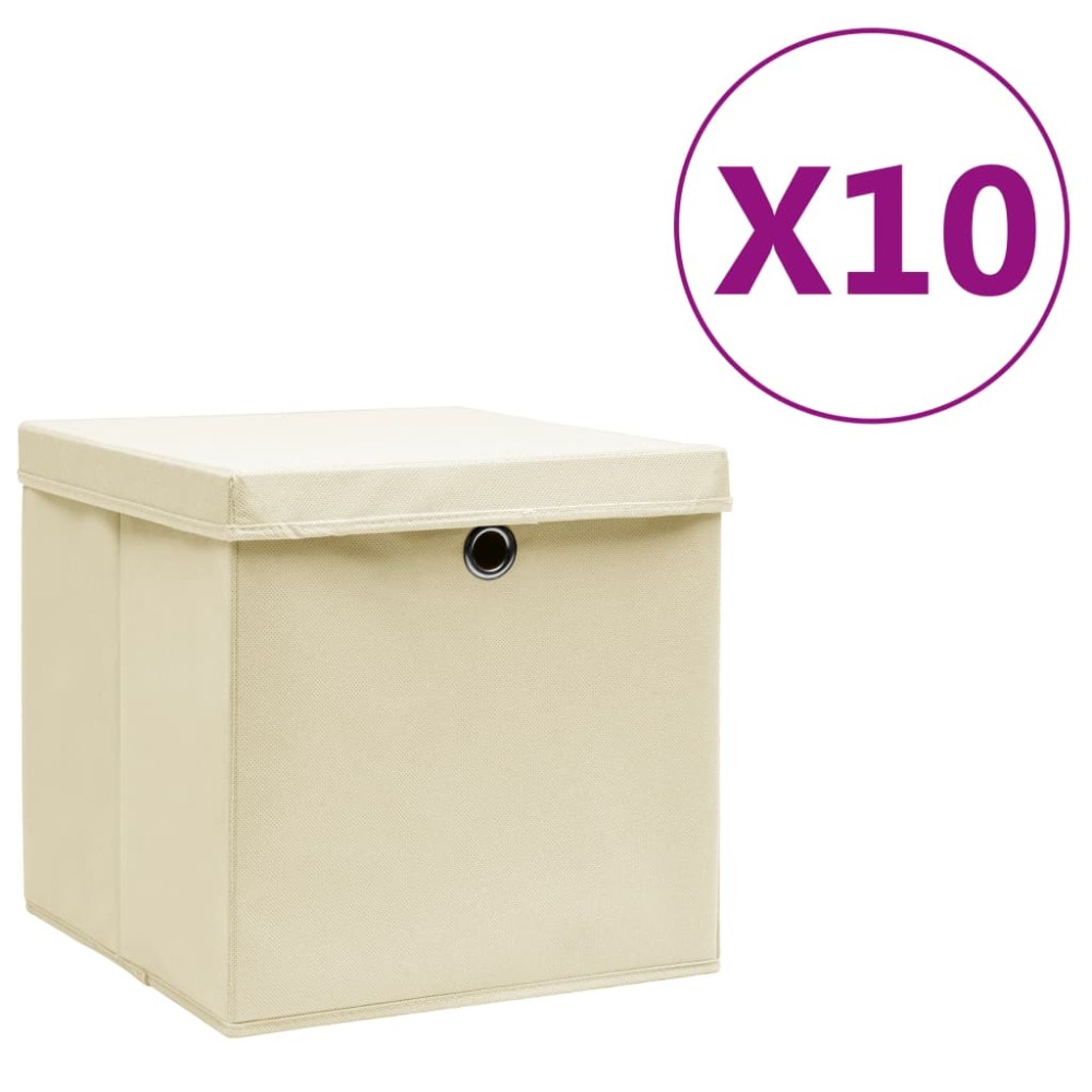 vidaXL Κουτιά Αποθήκευσης με Καπάκια 10 τεμ. Κρεμ 28 x 28 x 28 εκ.