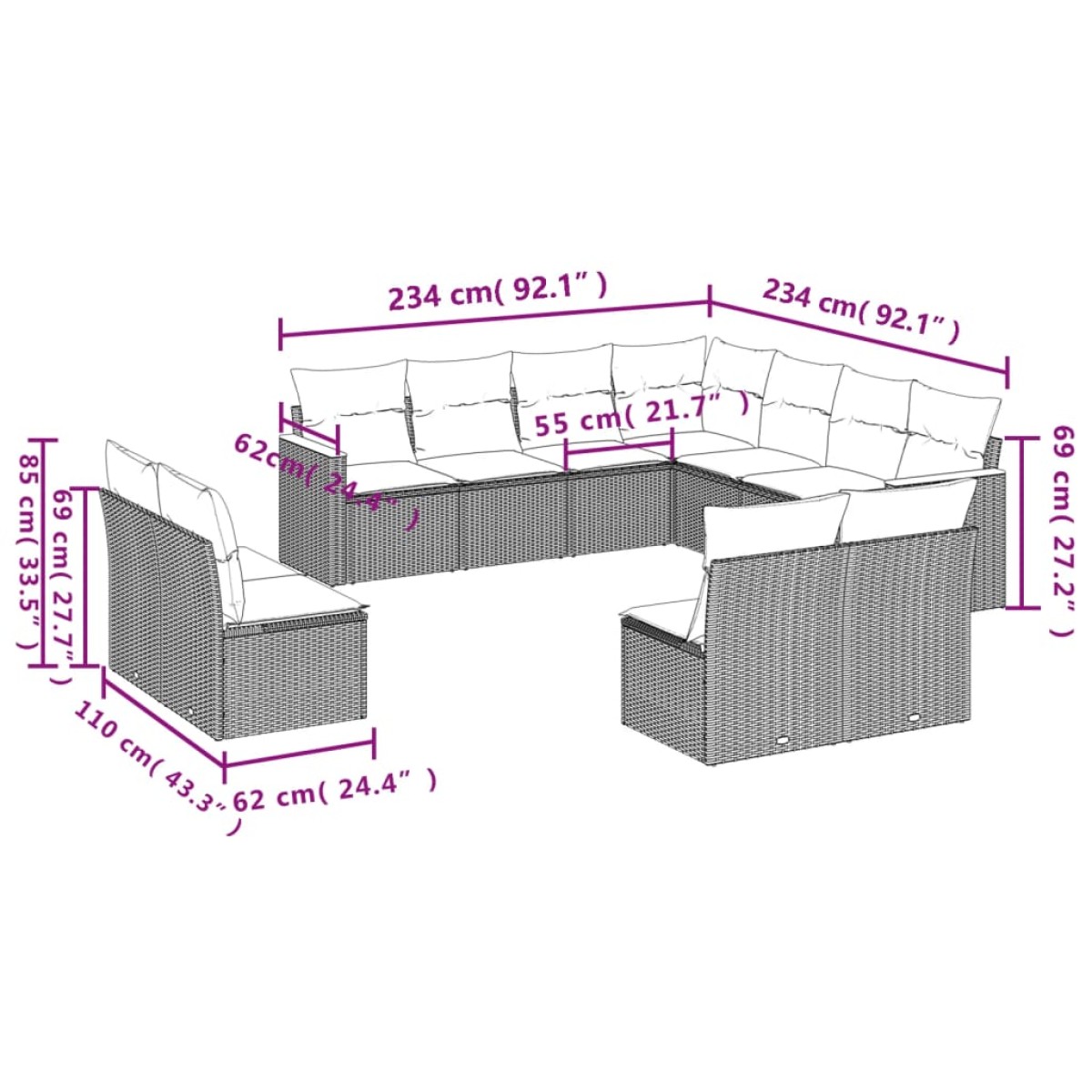vidaXL Σαλόνι Κήπου Σετ 11 τεμ. Μπεζ Συνθετικό Ρατάν με Μαξιλάρια