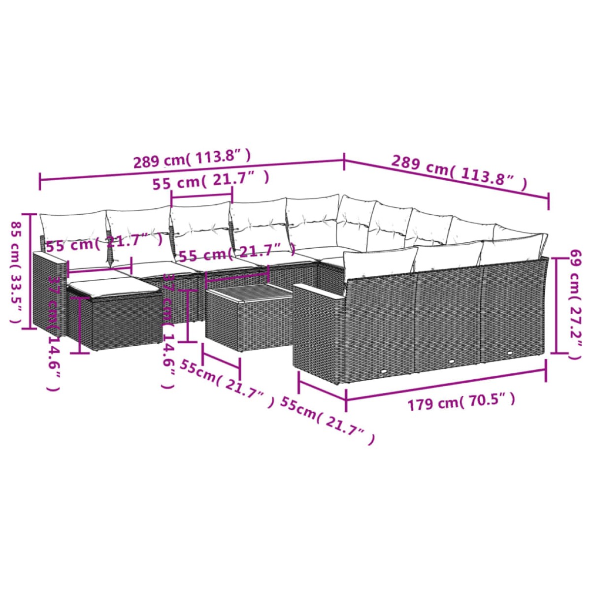 vidaXL Σαλόνι Κήπου 13 τεμ. Μαύρο από Συνθ. Ρατάν με Μαξιλάρια