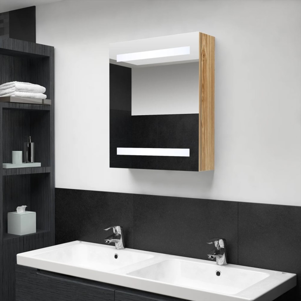 vidaXL Καθρέφτης Μπάνιου με Ντουλάπι / LED Δρυς 50 x 14 x 60 εκ.