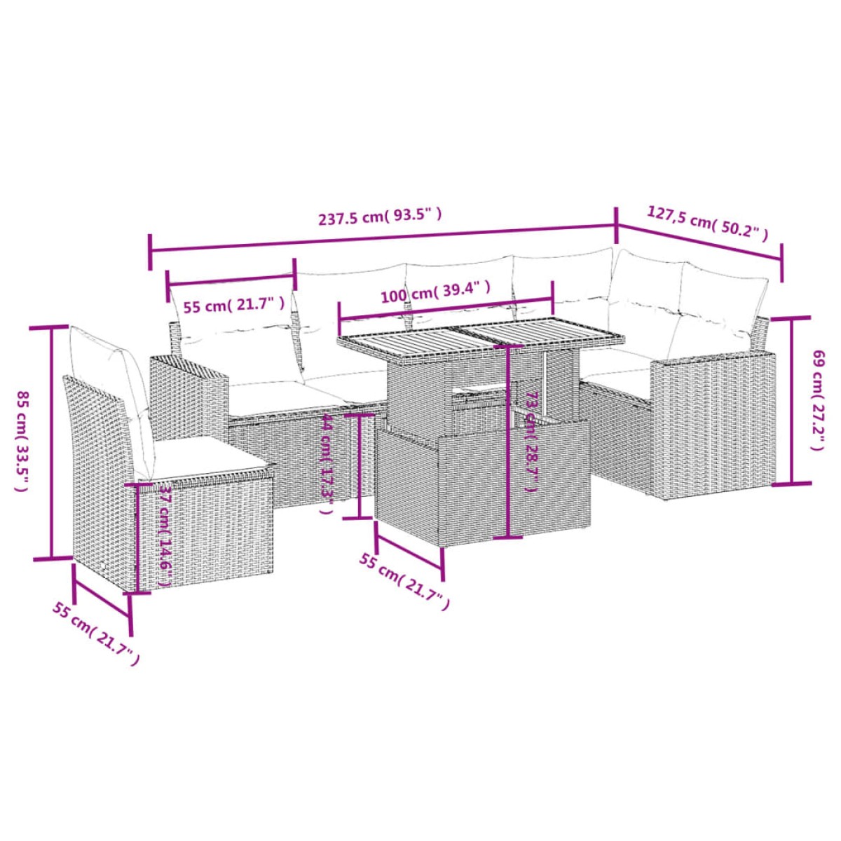 vidaXL Σετ Σαλονιού Κήπου 7 τεμ. Γκρι Συνθετικό Ρατάν με Μαξιλάρια