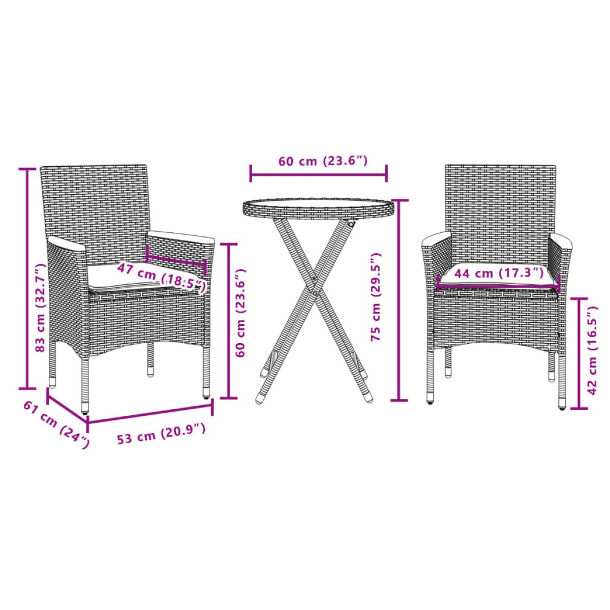 vidaXL Σετ Επίπλων Bistro 3τεμ. Γκρι Συνθ. Ρατάν/Ακακία + Μαξιλάρια