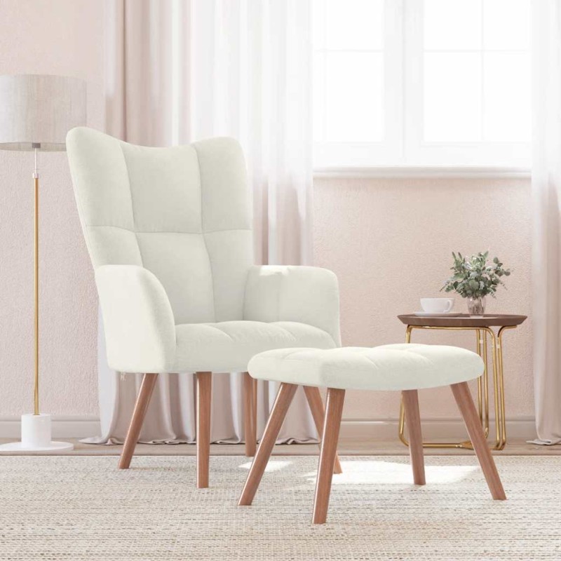 vidaXL Πολυθρόνα Relax Λευκό Κρεμ Βελούδινη με Σκαμπό