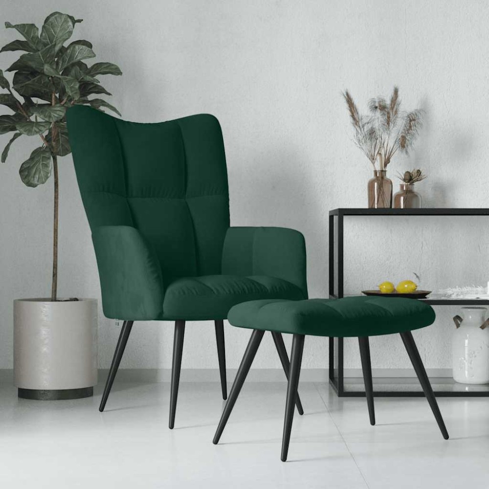 vidaXL Πολυθρόνα Relax Σκούρο Πράσινο Βελούδινη με Σκαμπό