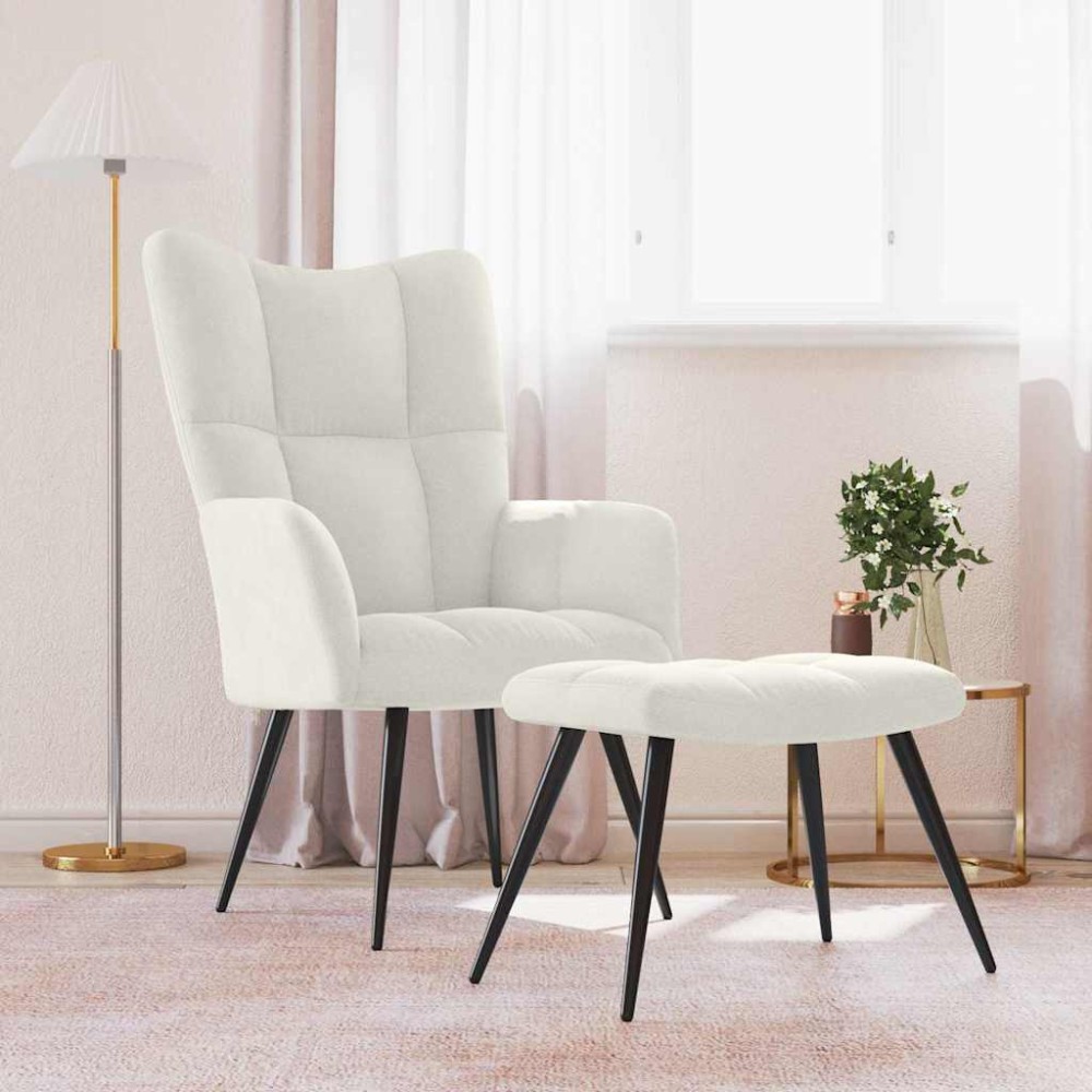 vidaXL Πολυθρόνα Relax Λευκό Κρεμ Βελούδινη με Σκαμπό