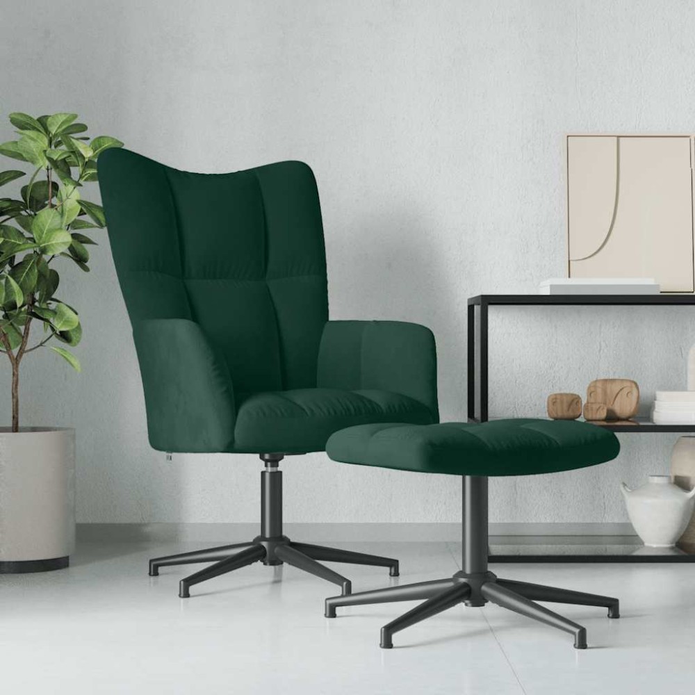 vidaXL Πολυθρόνα Relax Σκούρο Πράσινο Βελούδινη με Σκαμπό