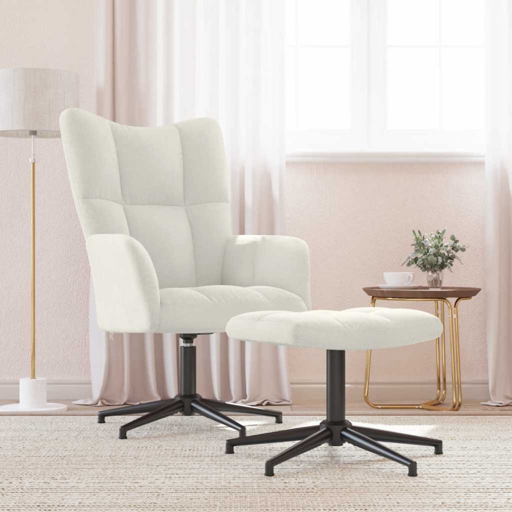 vidaXL Πολυθρόνα Relax Λευκό Κρεμ Βελούδινη με Σκαμπό