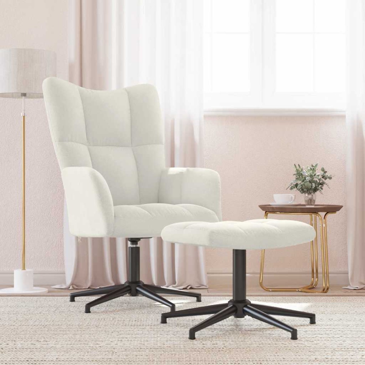 vidaXL Πολυθρόνα Relax Λευκό Κρεμ Βελούδινη με Σκαμπό