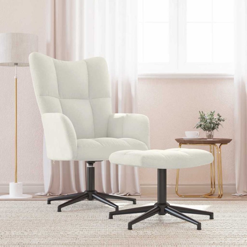 vidaXL Πολυθρόνα Relax Λευκό Κρεμ Βελούδινη με Σκαμπό